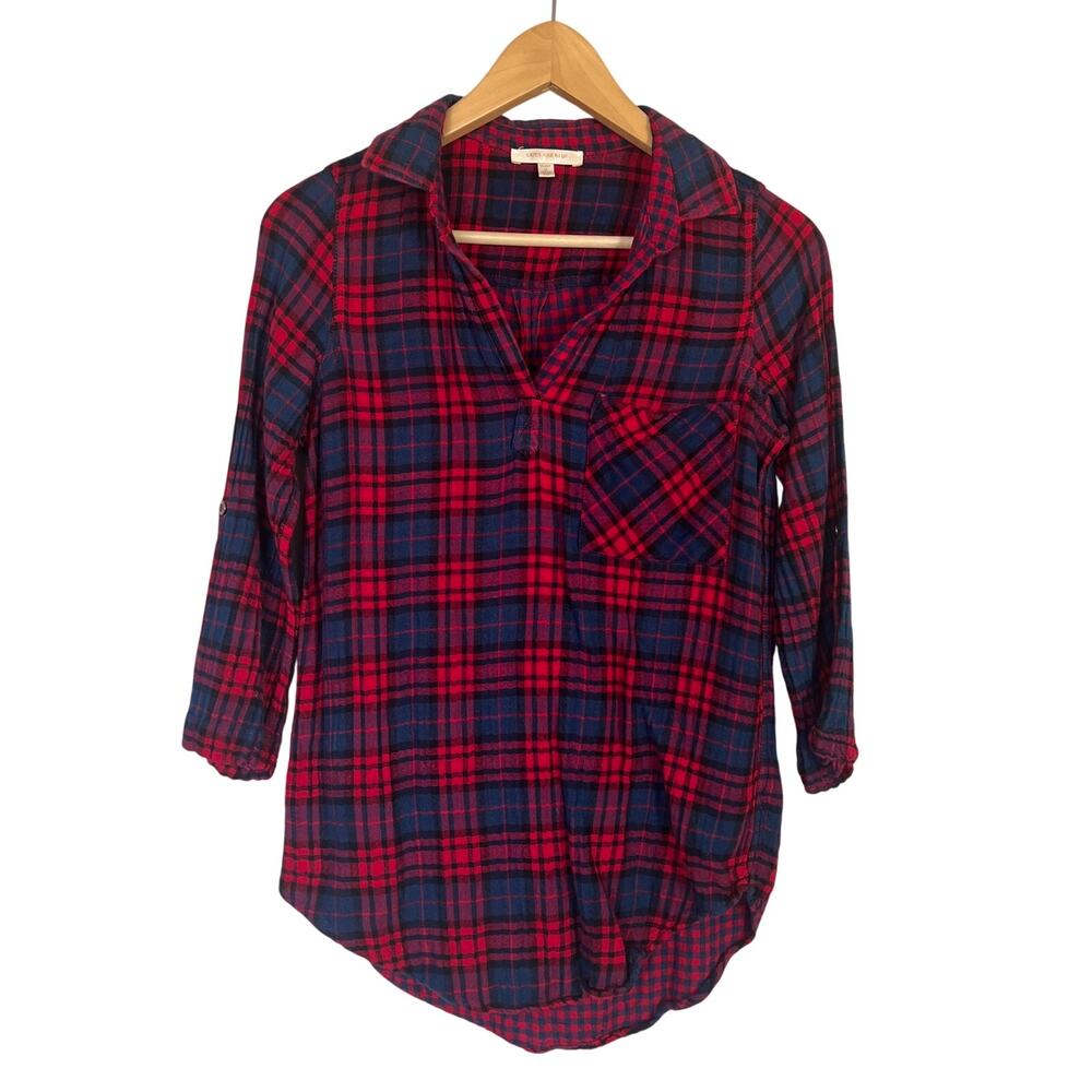 Skies are Blue Top Women's Size XS Red Blue Plaid Roll Tab 3/4 Sleeves Flannel